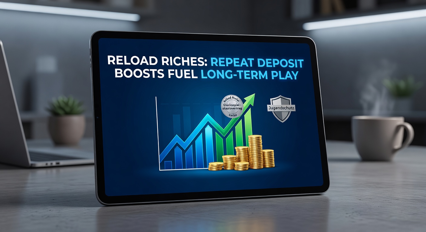 Grafik zeigt stapelnde Reload-Boni bei Einzahlungen in einem deutschen Online-Casino, mit Prozentangaben und Münzen als Symbol für anhaltende Spielgewinne