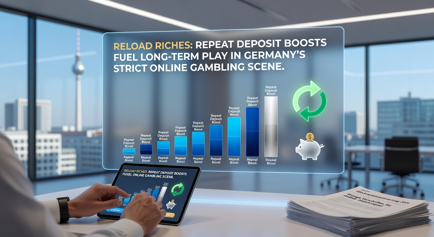 Dargestellt wird ein Zeitstrahl von Einzahlungen mit wachsenden Reload-Boni in einem deutschen Casino-App, inklusive Statistiken zu Retention-Raten und regulatorischen Haken