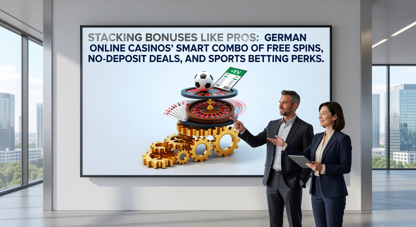 Grafik zeigt gestapelte Casino-Boni mit Free Spins, No-Deposit-Angeboten und Sportwetten-Symbolen in einem deutschen Kontext